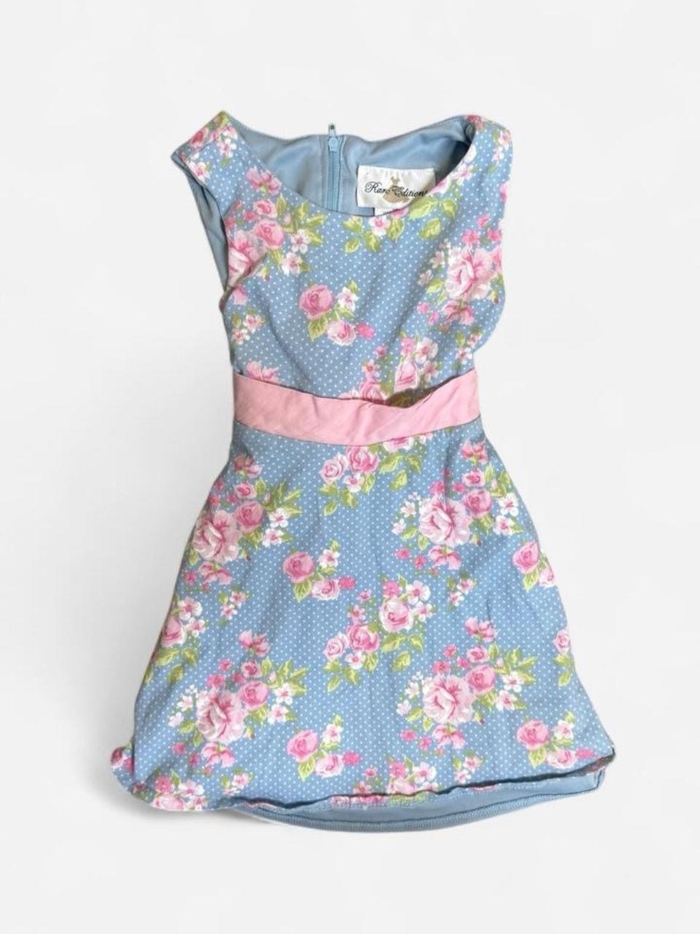 Rare Editions Blue Floral Dress with Pink Sash